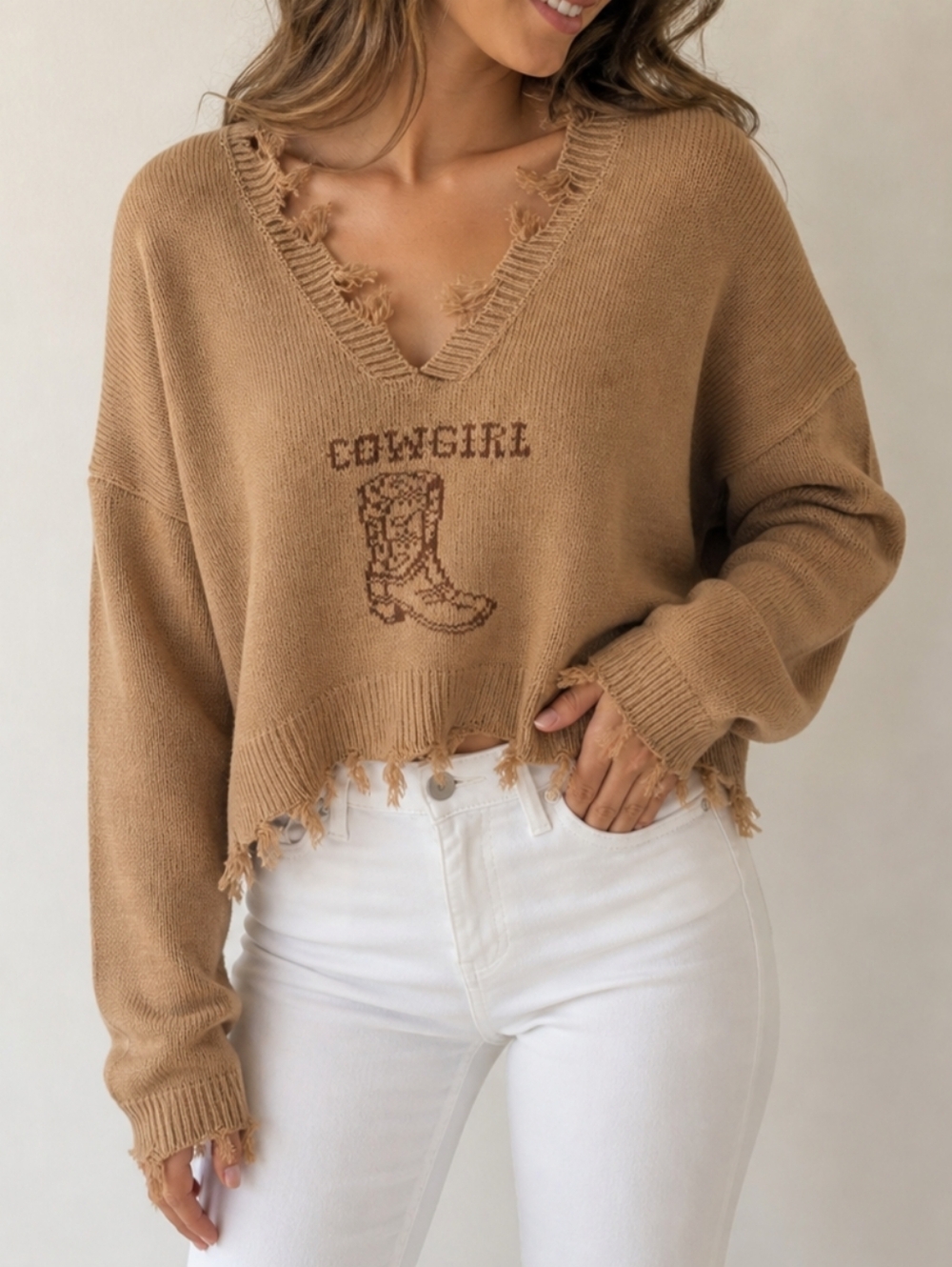 Just Polly Brown Cowgirl Distressed V-Neck Sweater